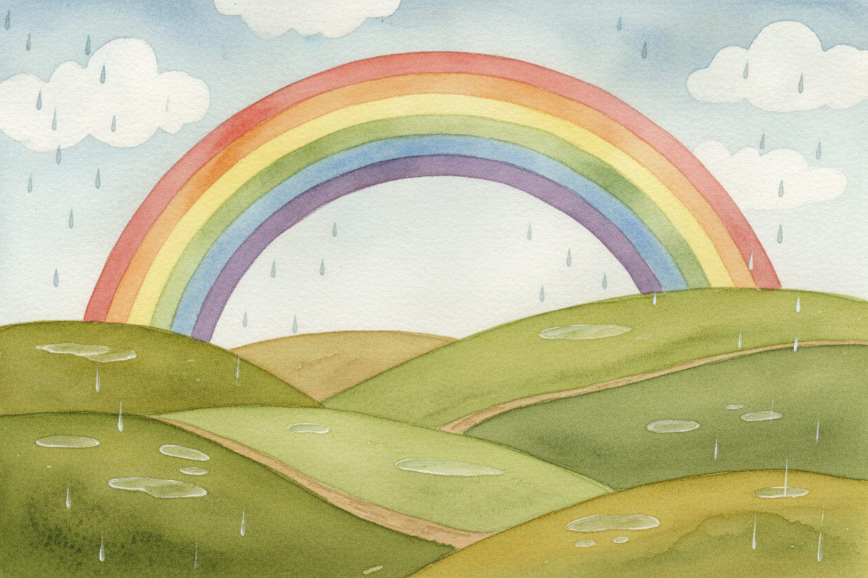 ~~The storm packs up and leaves.~~ And right as the last drops fall, a giant arc of color stretches across the sky, **li