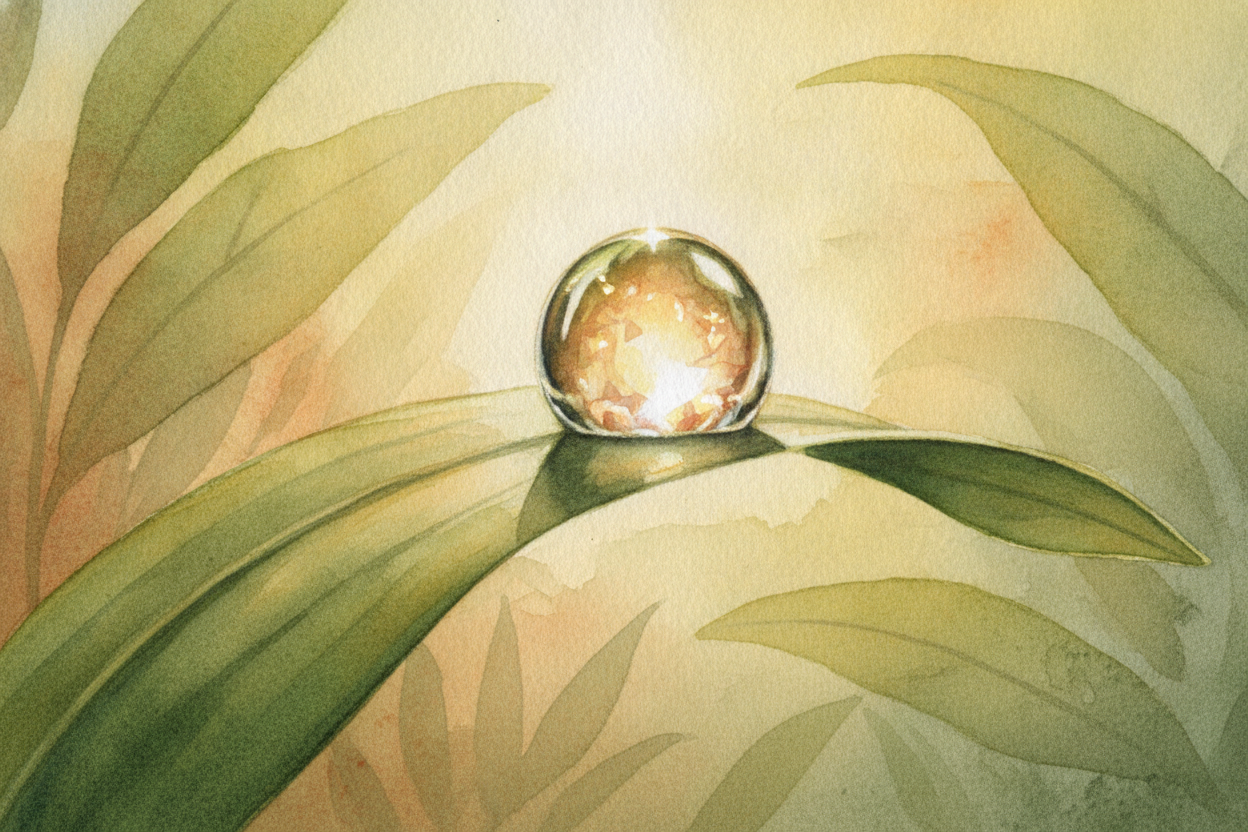 Now add a raindrop. It's a **tiny, clear, round ball** of water hanging in the air. When sunlight hits it, the drop _isn