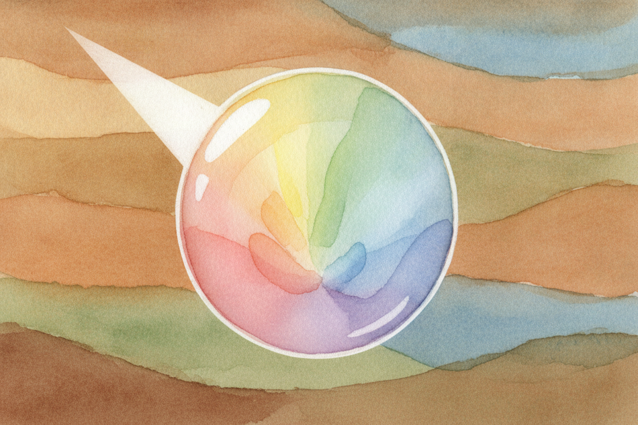 When light enters the drop, it bends. We call that bending ++refraction++. ~~And here's the magic:~~ *each color bends b