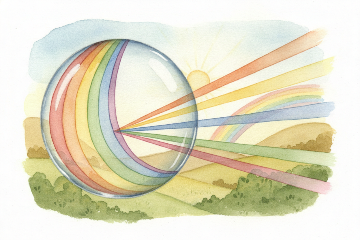 Inside the drop, the colors travel to the far wall and bounce — **like a ball off the inside of a bowl**. Then they bend