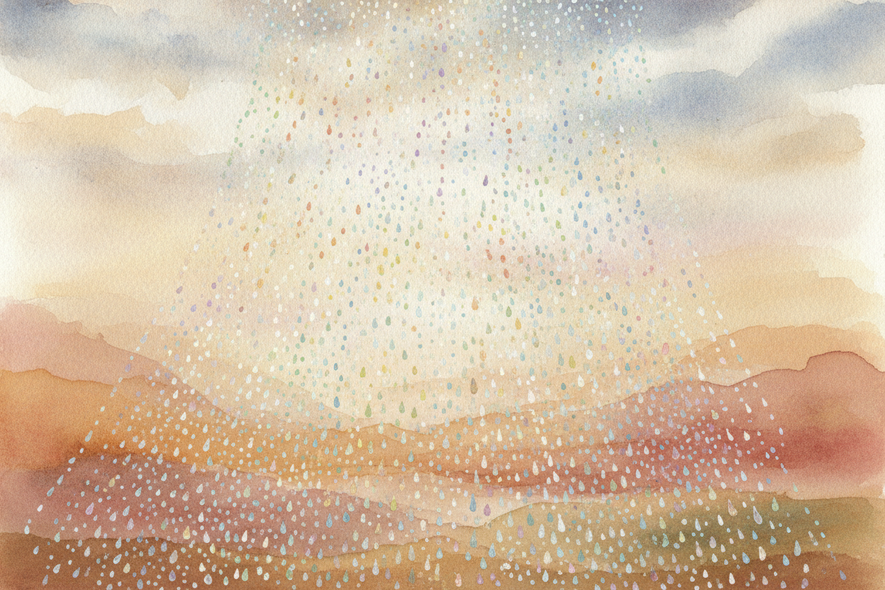 So one raindrop sends out a **tiny spray of colors**. But one drop alone is **far too small to fill the sky**. A rainbow