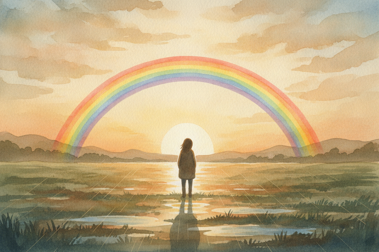 ~~And here's the quiet part nobody tells you.~~ A rainbow isn't in one spot — it's **lined up just for you**. The sun ha