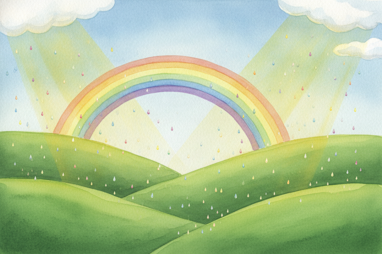 So that's the whole recipe: sunlight full of **hidden colors**, raindrops to ~~bend and bounce them apart~~, and you, _s