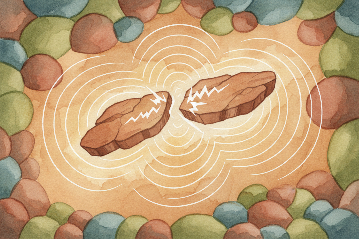 ~~Snap.~~ The rock breaks free **all at once**. The two plates lurch forward in opposite directions, releasing *decades 