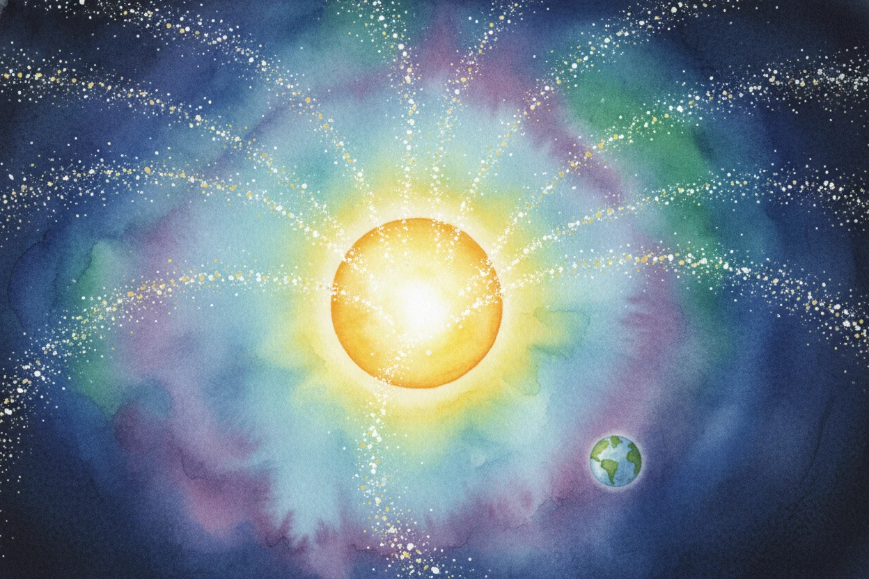 Watercolour of the Sun blazing in deep space, flinging gold sparks outward in every direction, with a tiny Earth far off to one side