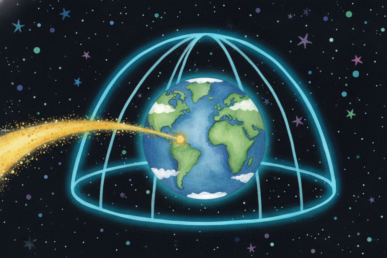 Now, ++Earth++ has a **secret shield**. Deep inside our planet, molten iron swirls around, and that motion generates a m