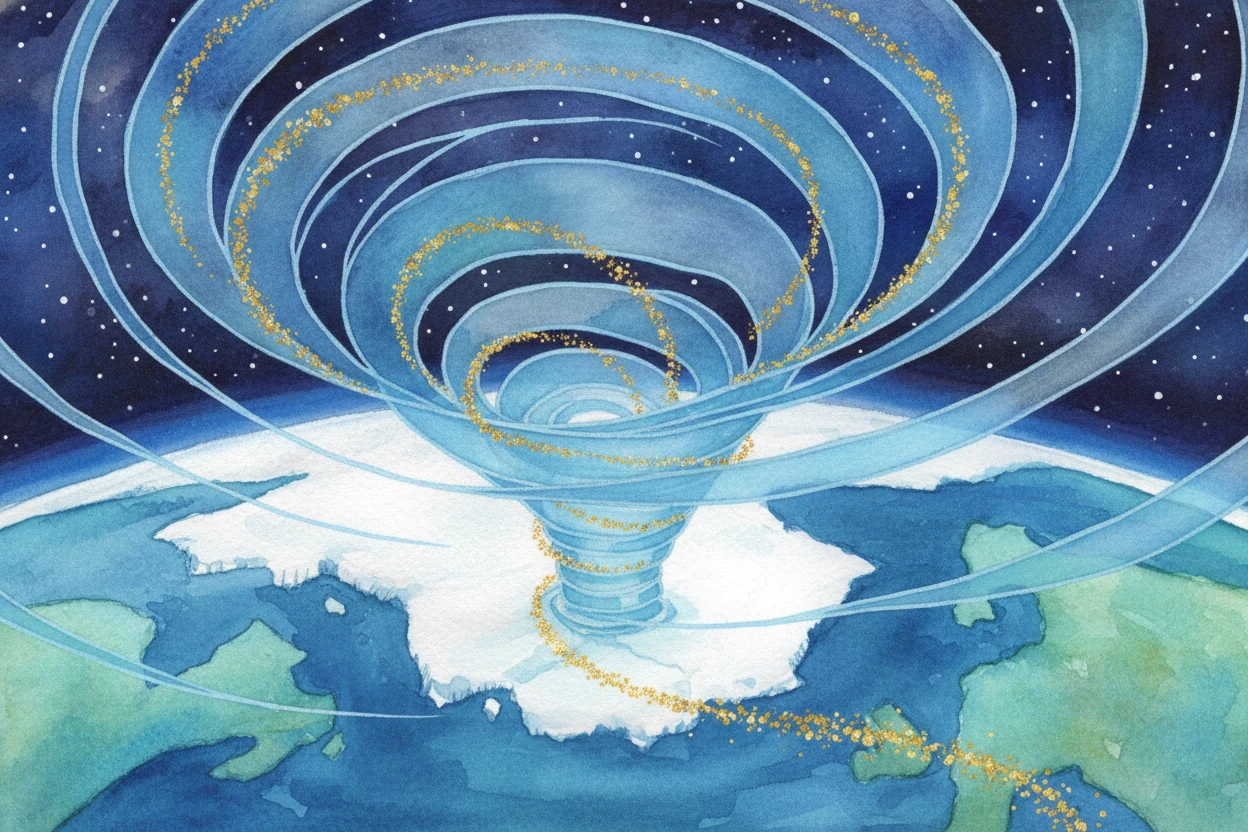 Watercolour of glowing field lines funnelling down over polar ice, gold sparks spiralling in with them