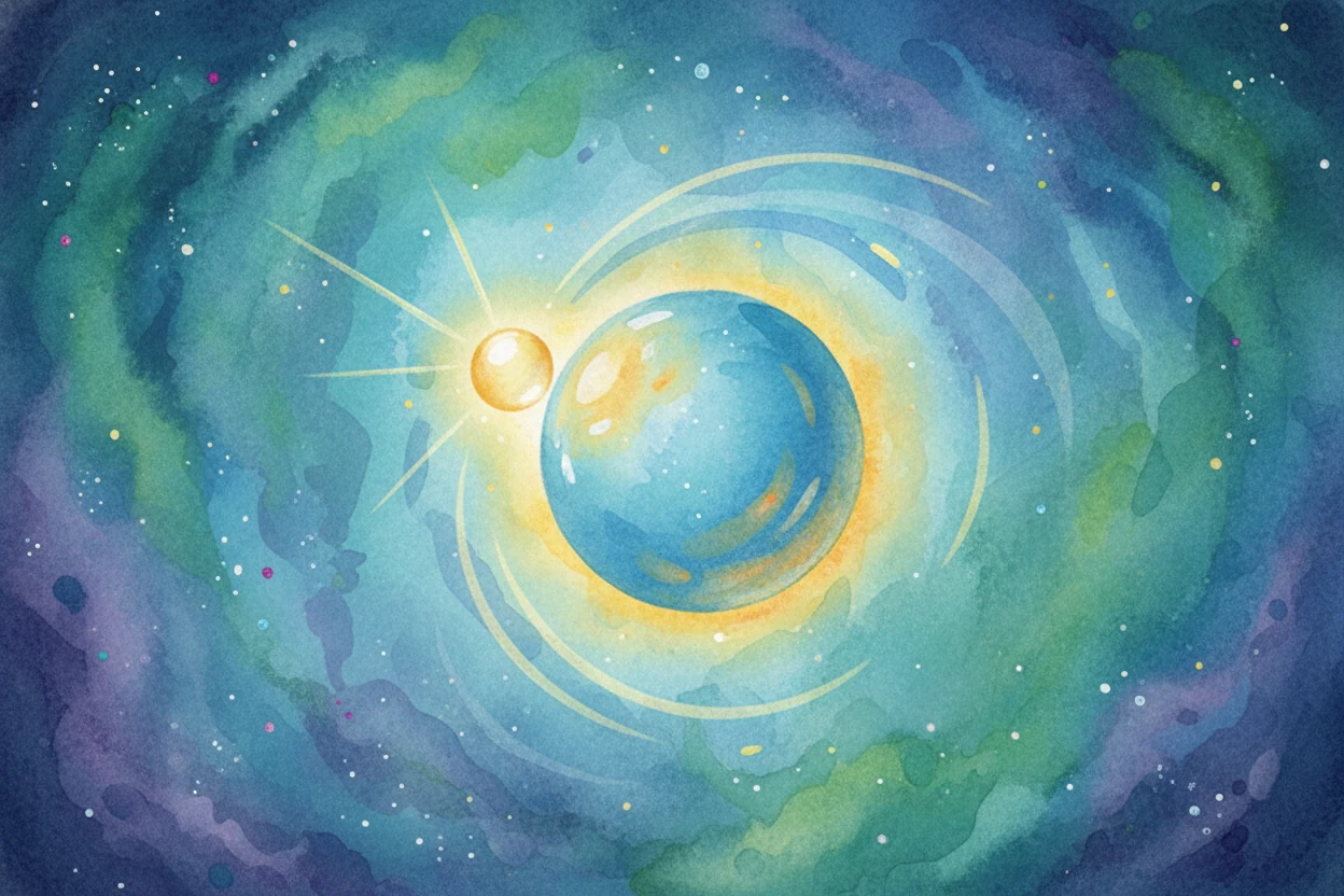Watercolour of a bright spark sweeping toward a blue world, rings of gold light spreading around it