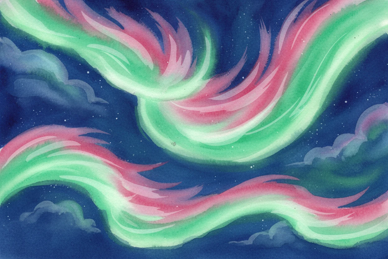 Watercolour of green and pink aurora curtains filling the whole frame, close enough to see the brushstrokes