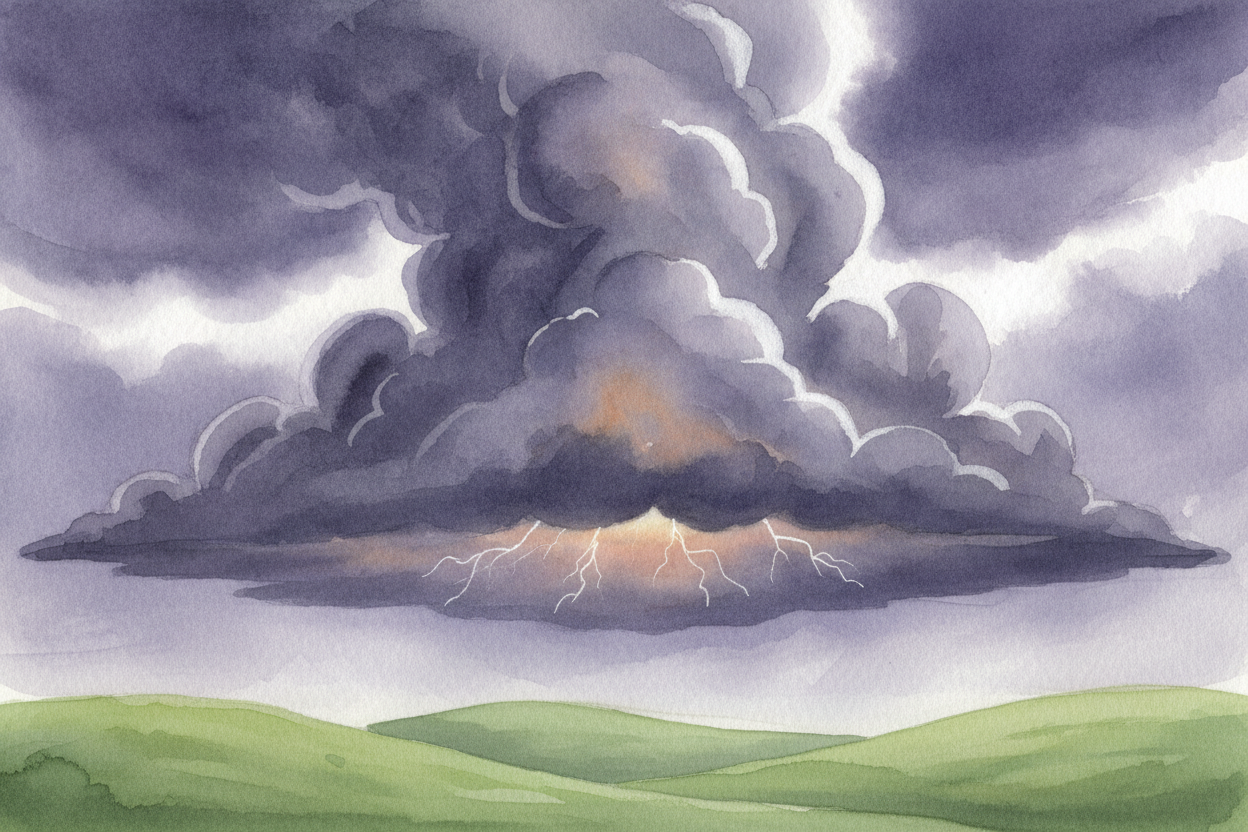 Up in a tall, bruise-colored cloud, something is brewing. ~~Not soup, not stew~~ — **electricity**. By the end of this b
