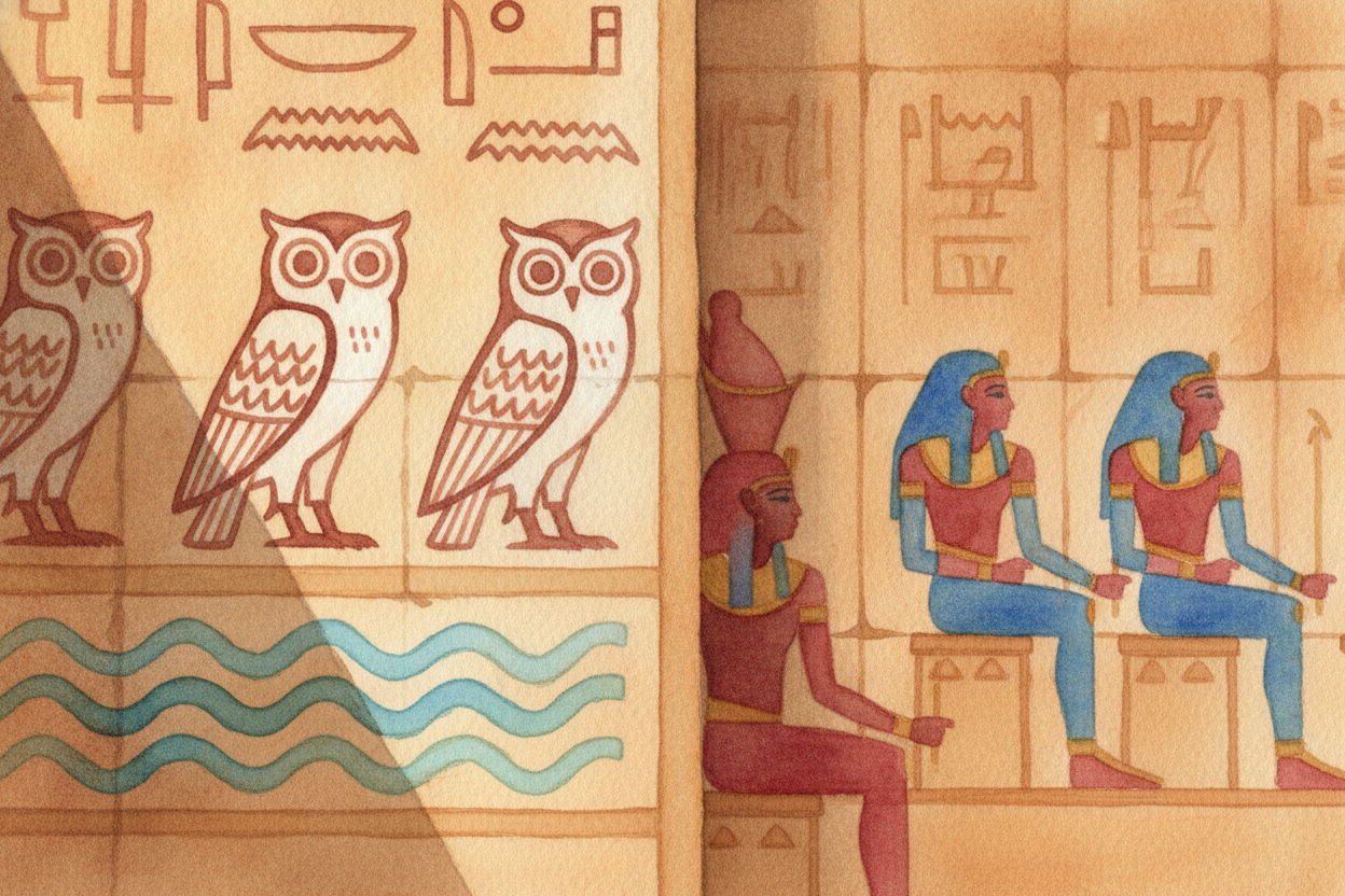 Imagine a wall covered in ~~tiny birds, eyes, water-ripples, and folded ropes~~ — and **all of it is writing**. The anci