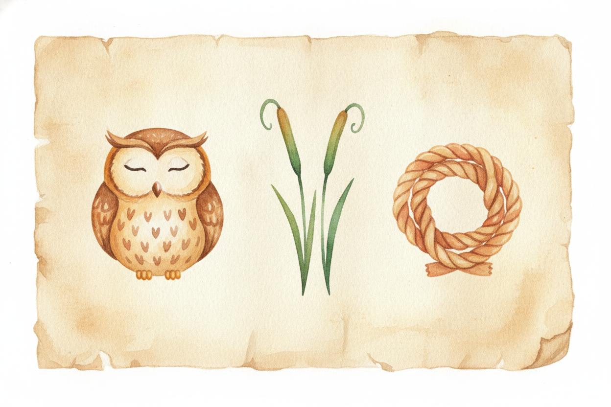That means you could **spell things out, sound by sound**, by lining up pictures. Owl made an "m" sound. A pair of reeds