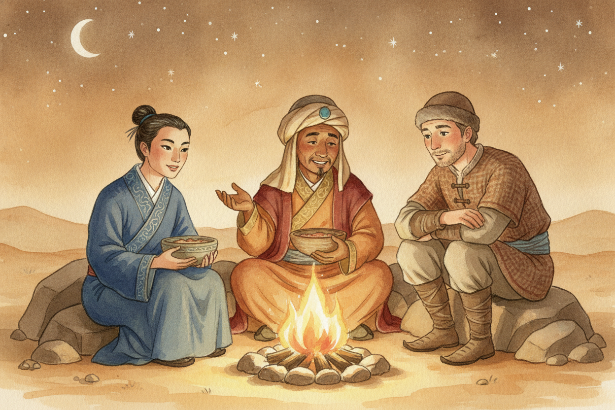 ~~하지만~~ 가장 훌륭한 짐은 **무게가 전혀 없었어요.** *바로 생각들이었지요.* 여행자들은 모닥불 둘레에서 언어, 음악, 요리법, 종교를 서로 나누었어요. 종이 만드는 법은 ++중국++에서 조용히 서쪽으로 전