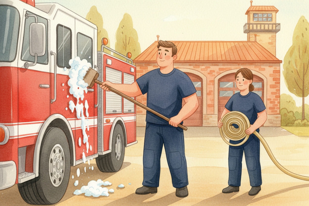 And then there's the housekeeping. After every call, they clean their gear, refill the ++oxygen tanks++, reload the hose