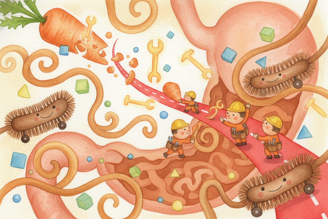 ~~First stop:~~ your stomach, where the carrot gets broken into **millions of pieces**—nutrients, which are like buildin