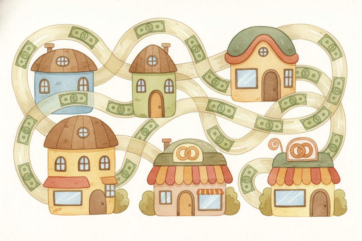 Your $100 doesn't sit in one place. It becomes someone's mortgage payment, someone else's paycheck, someone else's groce