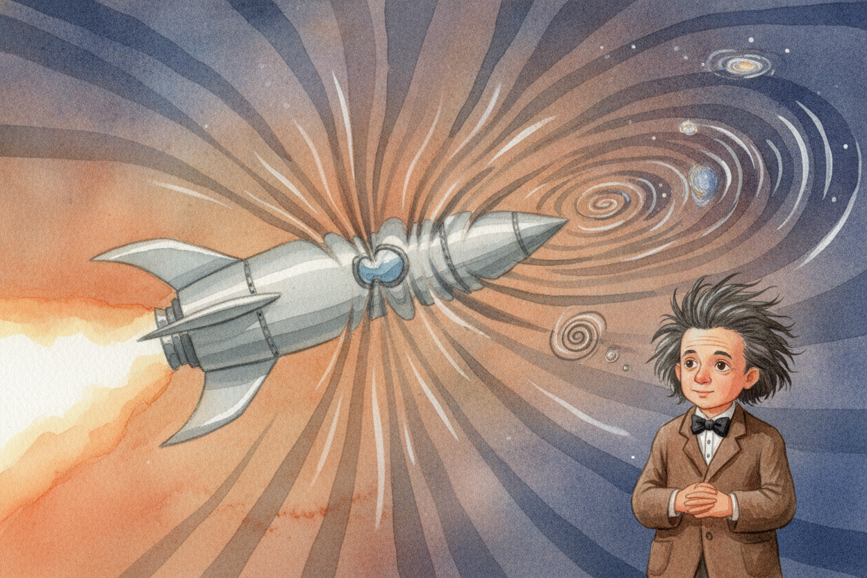 **Space gets squished too**. To a super-fast traveler, distances ahead shrink and squash flat in the direction they're m