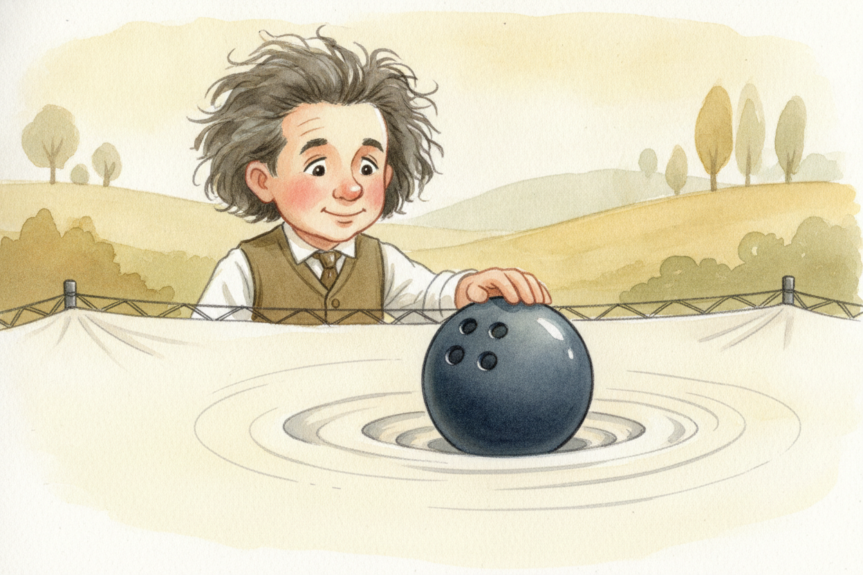 That was ++Einstein++'s first big idea, about constant speed. ~~Then he asked a wilder question:~~ what about gravity? H
