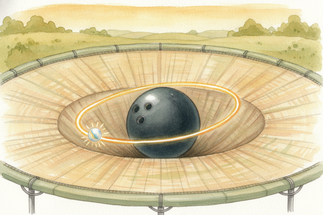 Roll a marble across that dented trampoline and it curves toward the ball — ~~not because the ball grabbed it~~, but bec