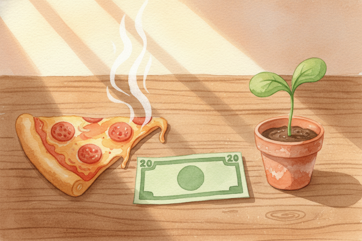 You've got **twenty dollars**. You could spend it on pizza tonight and it's ~~gone by morning~~, or you could *do someth