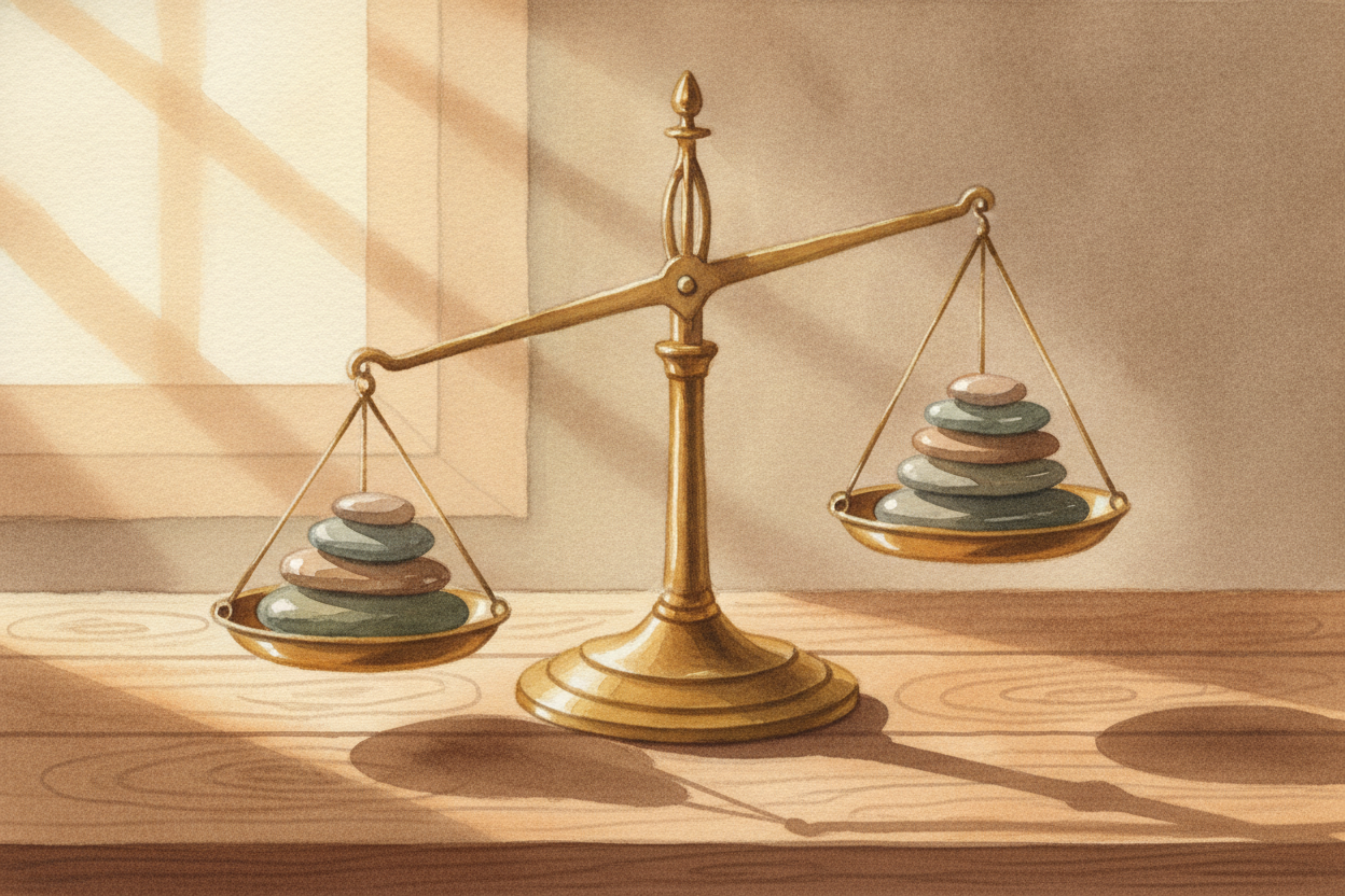 Picture an old-fashioned scale: two pans hanging from a beam, and a little needle that wants nothing more than to point 