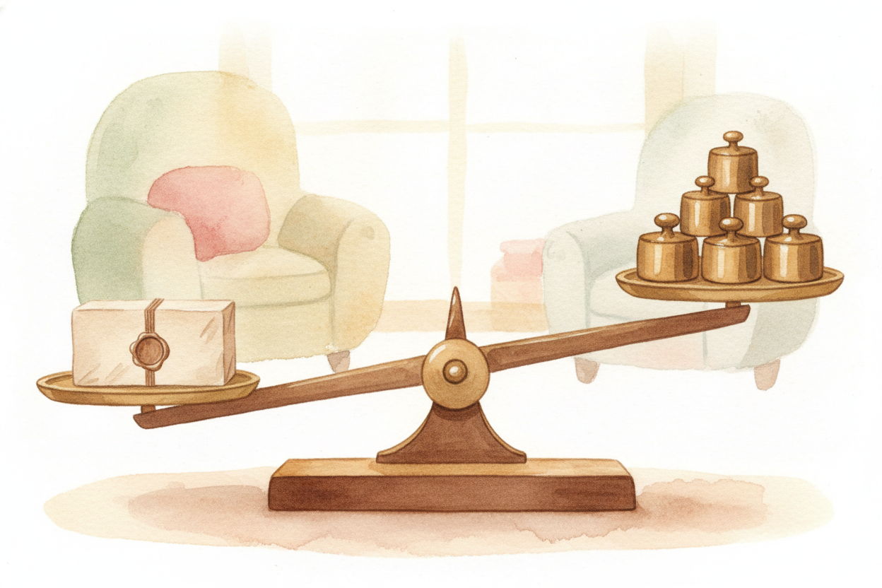 ~~Let's try it.~~ Imagine the scale holds a **mystery box** on the left and five round weights on the right. The box mus