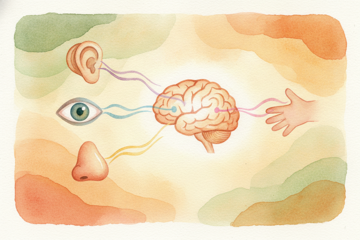 But the brain isn't just sending orders out — it's also listening. Your skin, ears, eyes, and tongue are constantly **ma