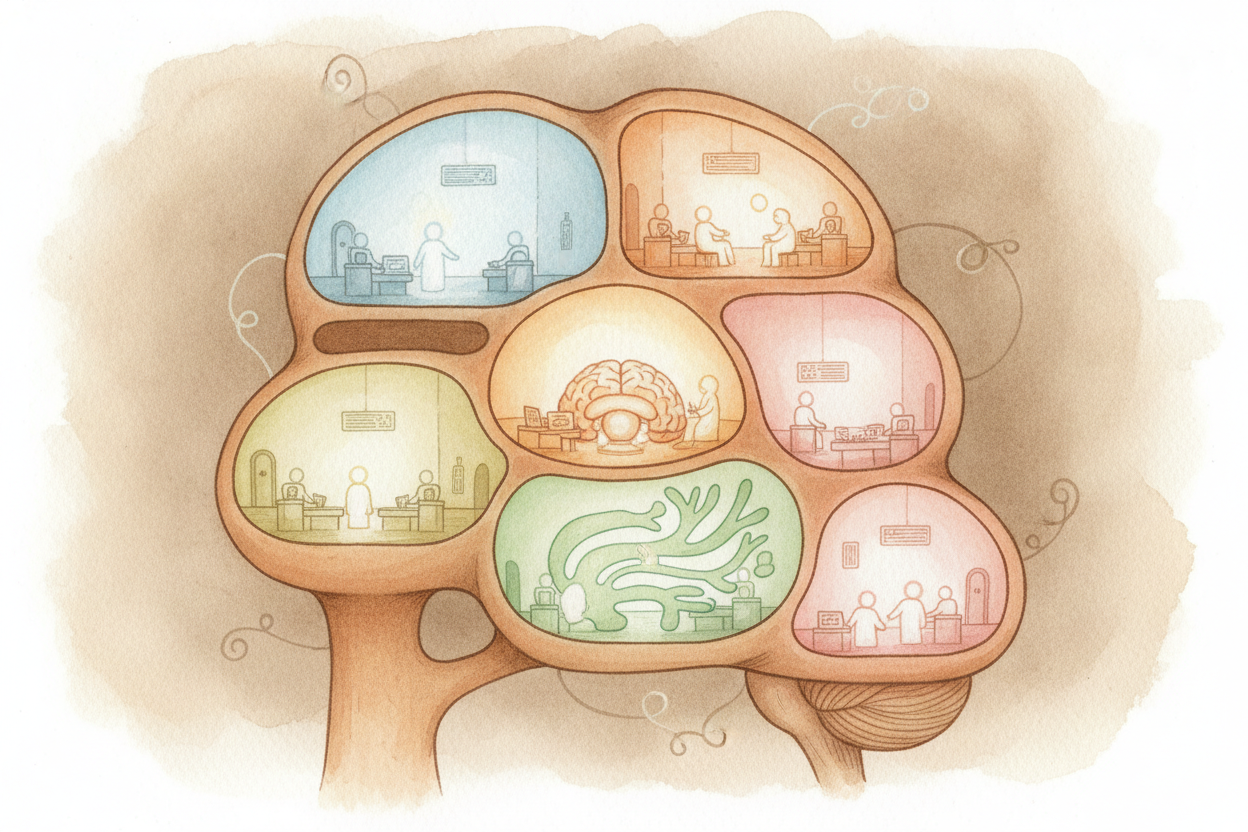 ~~Here's the clever part.~~ Your brain has different teams for different jobs. One part handles seeing. Another handles 