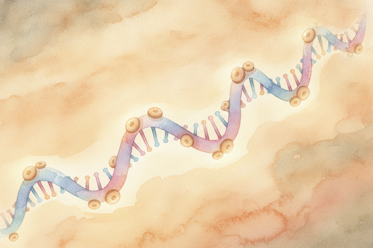 그 지시 사항은 ++DNA++라는 것에 쓰여 있어요. DNA는 **나선형 사다리처럼** 생긴 길고 꼬불꼬불한 분자예요. 아주 작은 세포 하나 속 DNA를 쭉 펼치면, *놀랄 만큼 길어요*. 그래서 세포는 똑똑한 방법