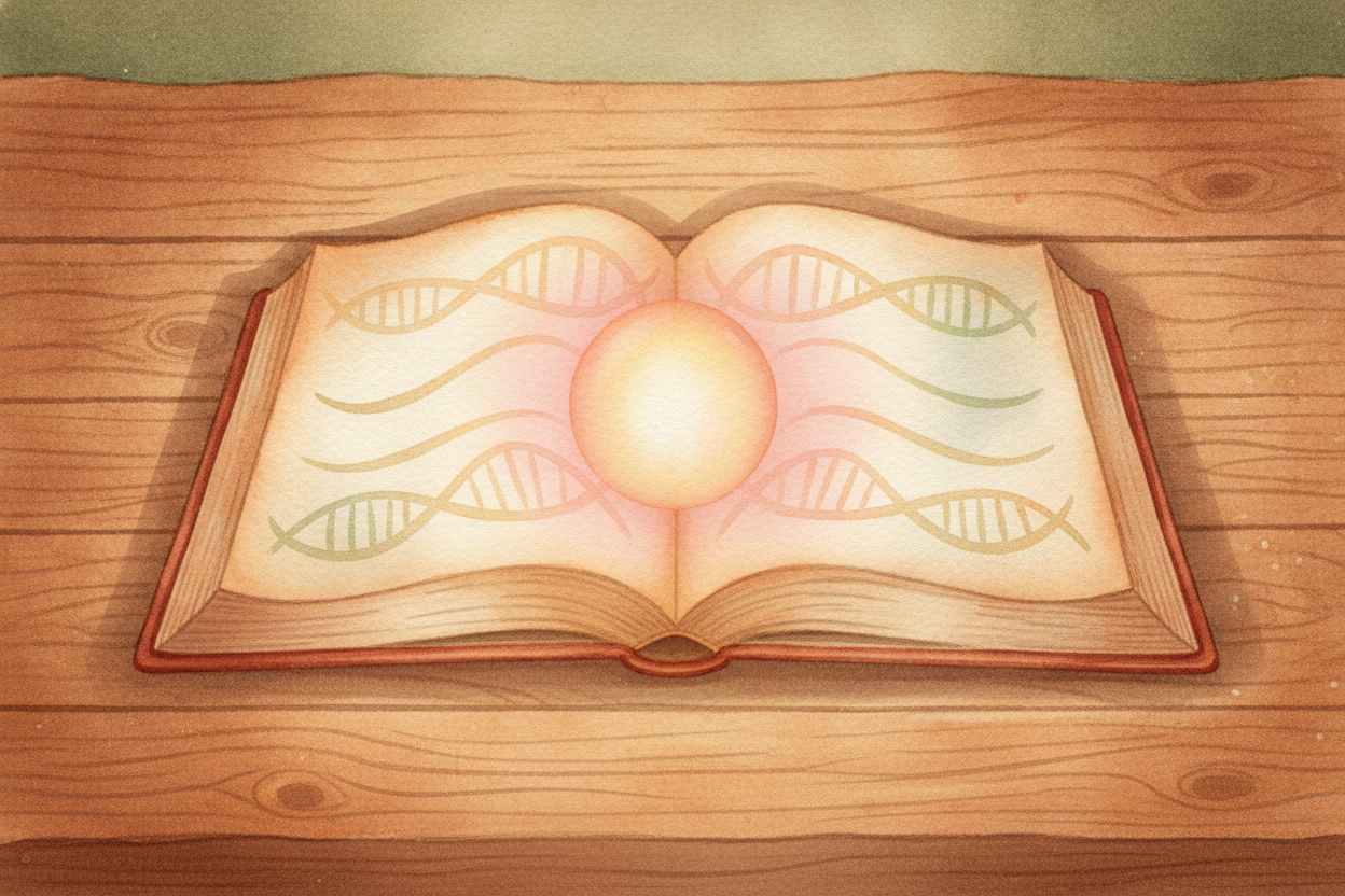 ++DNA++를 **거대한 요리책**이라고 생각해 보세요. 그리고 각각의 요리법은 ++유전자++라고 불러요. 어떤 요리법에는 "튼튼한 머리카락을 위해 이 단백질을 만들어라"라고 쓰여 있을 수 있어요. 또 다른 요리법