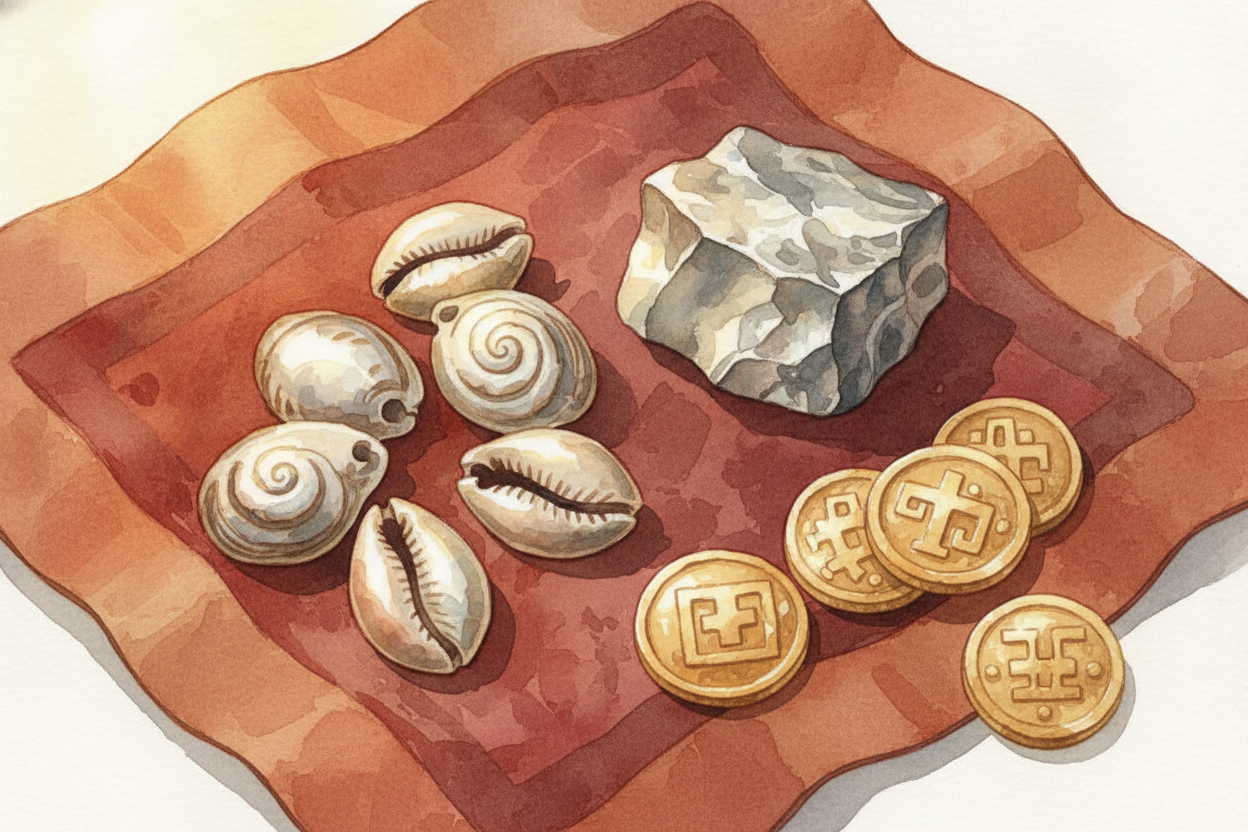 So communities picked **special objects to be money**. Shiny shells. Lumps of silver. Gold coins. These worked because t