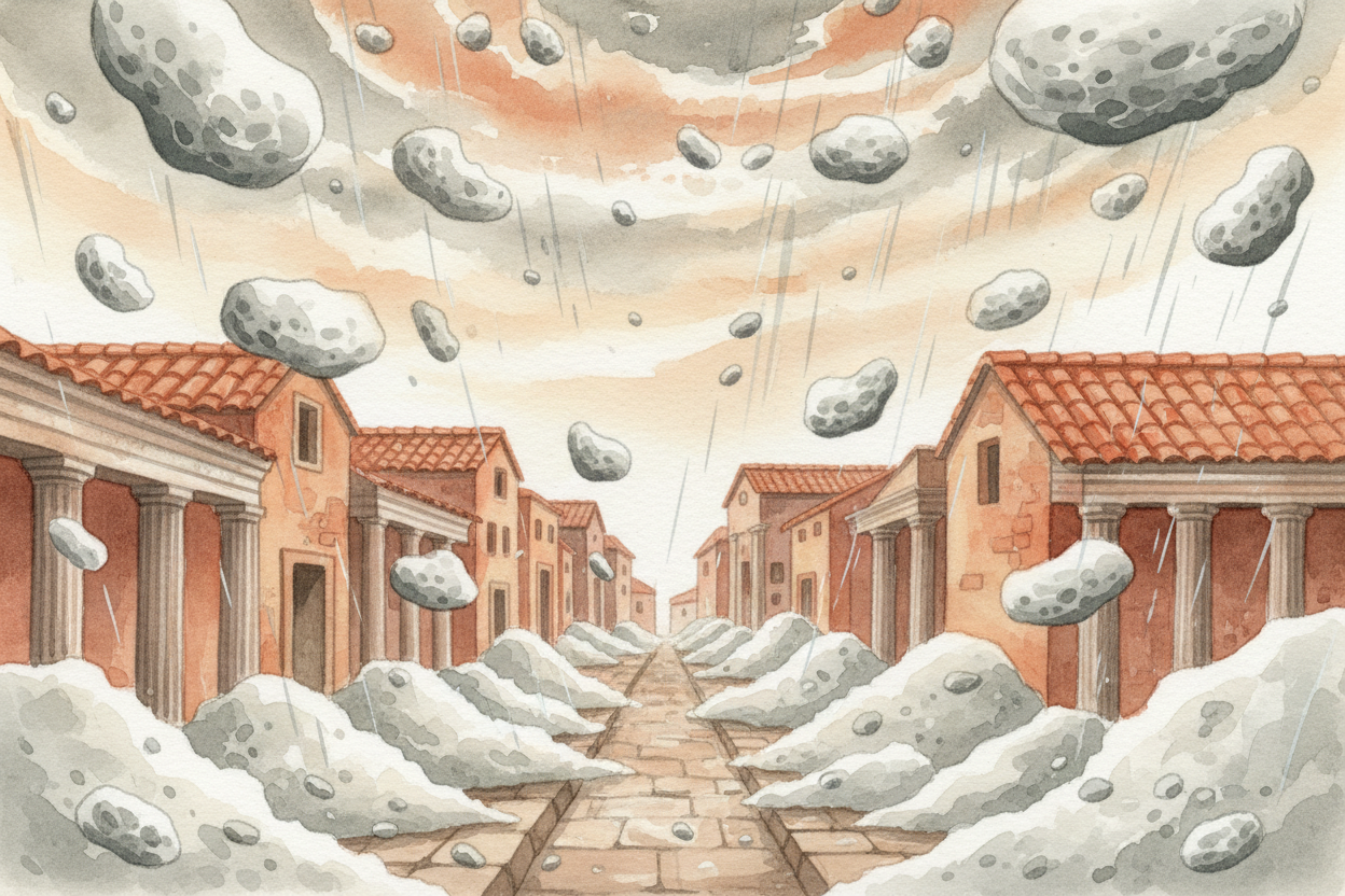 The ash cloud spread out at the top like an umbrella, then began raining down on ++Pompeii++. ~~Imagine standing in a sn