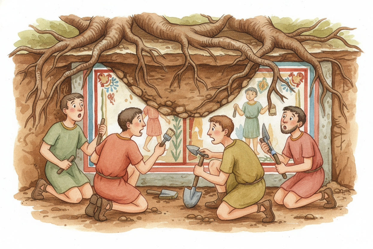 For **seventeen centuries**, ++Pompeii++ stayed hidden underground. Trees and farms grew on top of it. People forgot exa