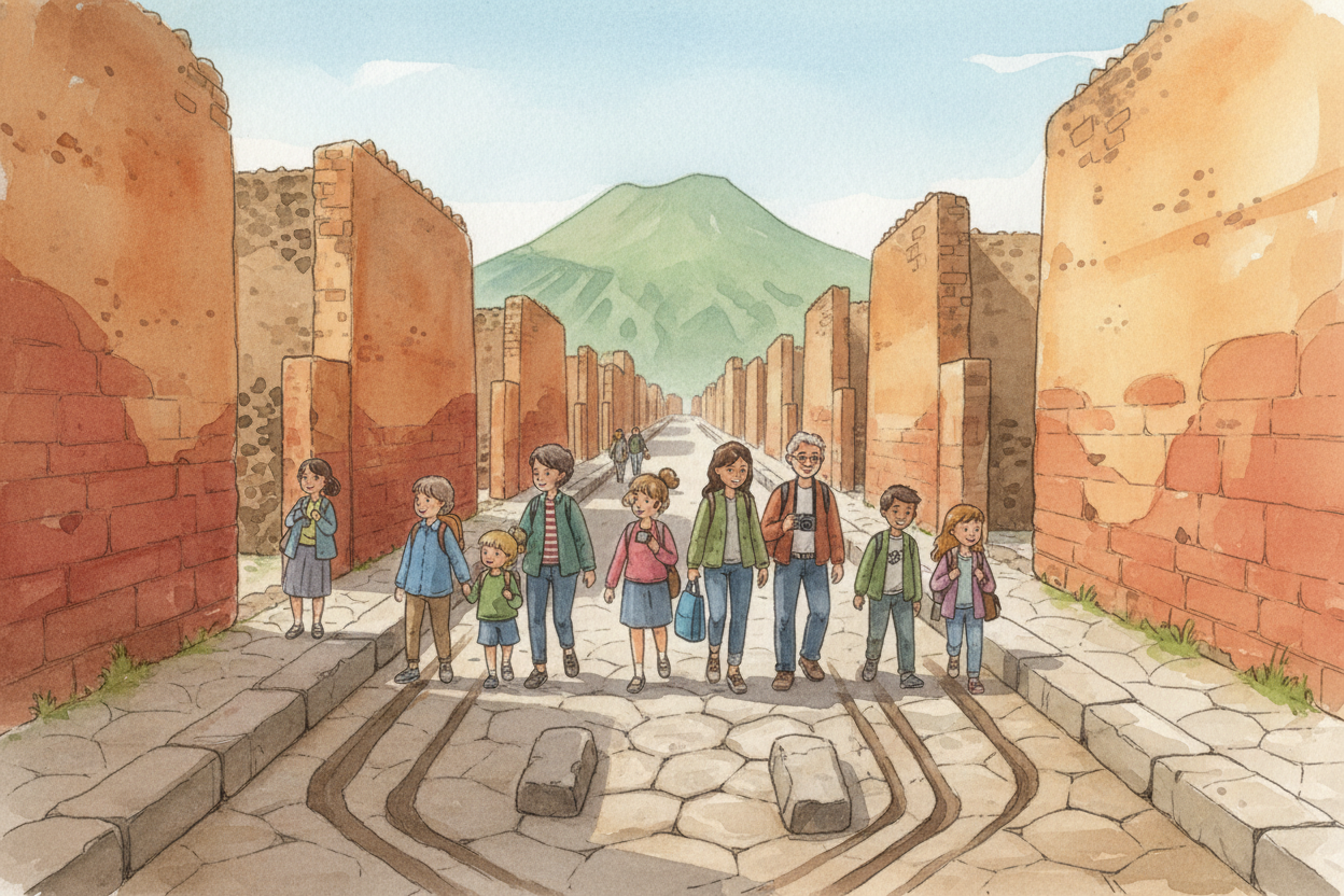 Today, you can walk the streets of ++Pompeii++ and see the ruts worn by cart wheels, read **graffiti on the walls**, and