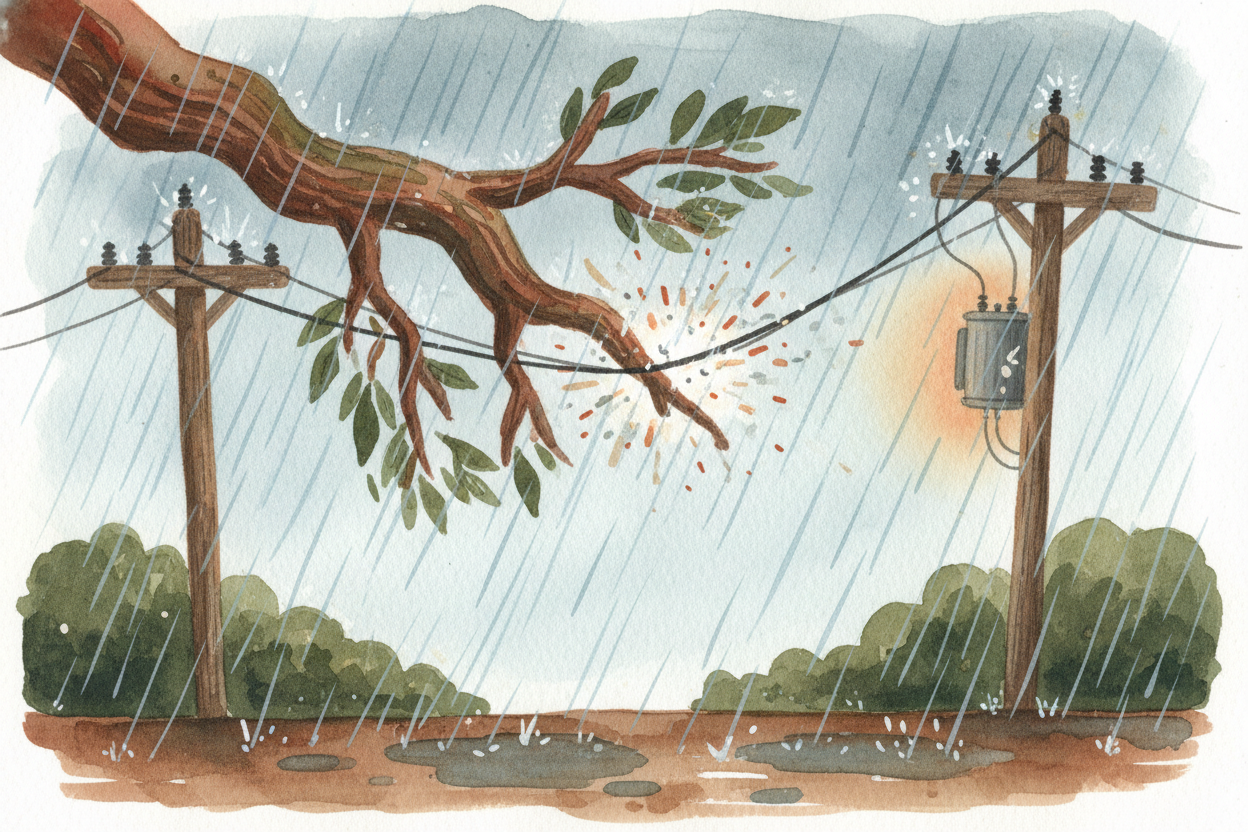 ~~But then something breaks the flow.~~ Maybe a tree falls on a power line during a storm. Maybe a transformer — **the g