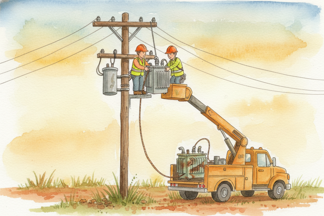 ~~The crew finds the break~~ — **the fallen tree, the blown transformer, the damaged wire**. They fix it: clear the tree