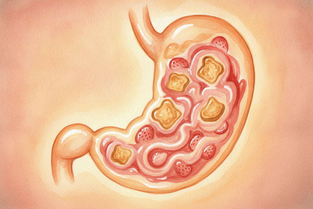 ~~Splash!~~ The food lands in your stomach, a **squishy stretchy bag the size of your fist**. The stomach sloshes everyt