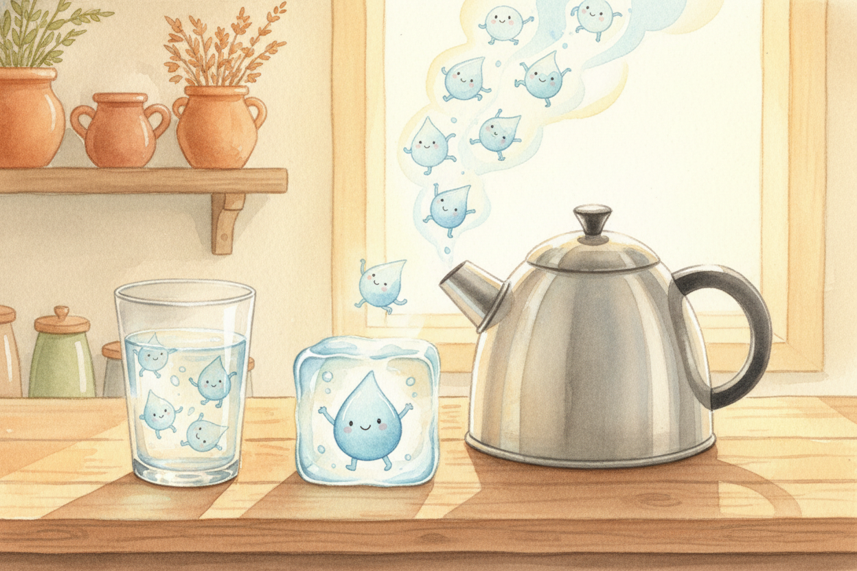 Which means the ice in your glass, the water you drink, and the steam from your cocoa are all **the very same crowd** — 