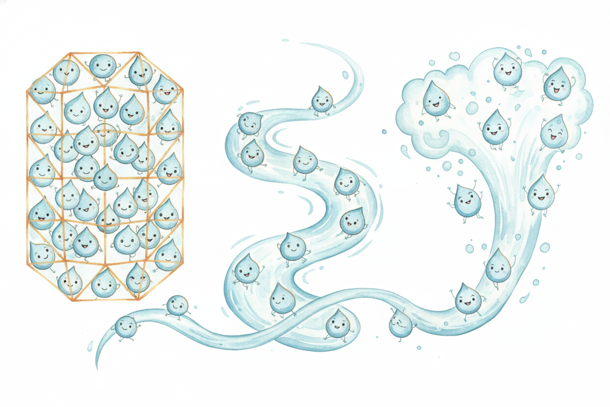 So water **never really changes WHAT it is** — just how fast its dancers are dancing. ~~Slow and locked?~~ Ice. ~~Loose 