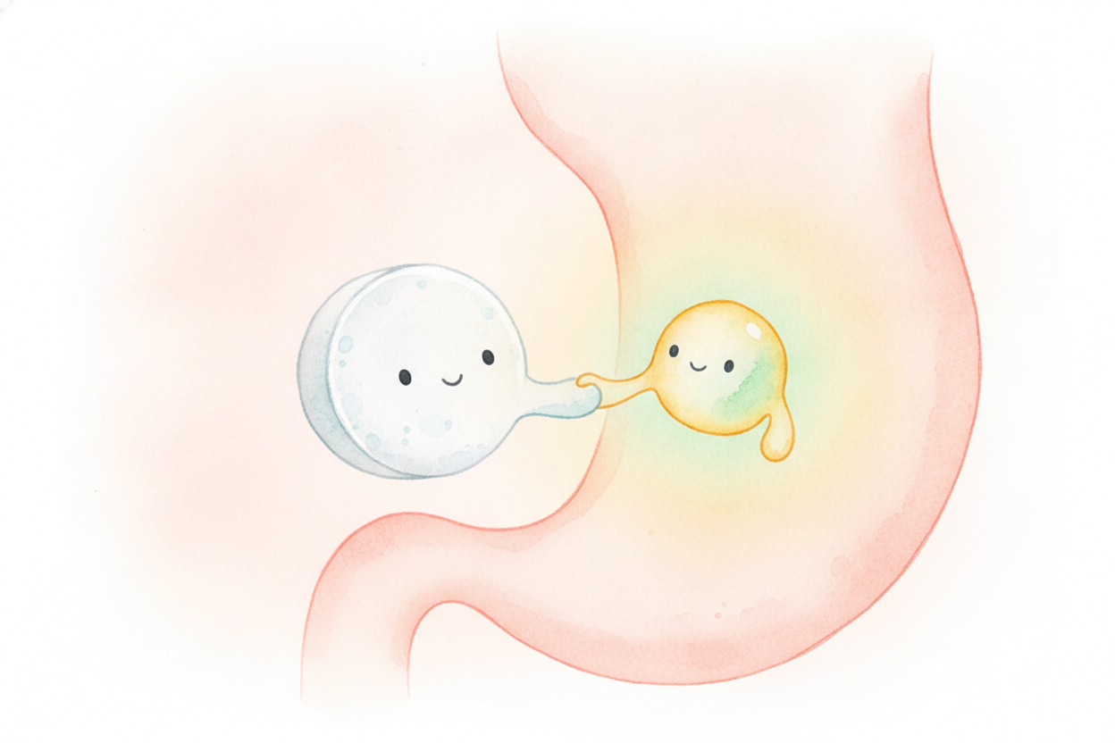 이건 **부엌에서만 하는 장난**이 아니에요. 우리 위는 음식을 잘게 나누려고 산을 만들고, 배가 아플 때 ++제산제 알약++은 그 산을 *중화하는 염기 역할*을 해요. **같은 악수지만,** 이번에는 우리 몸속에서