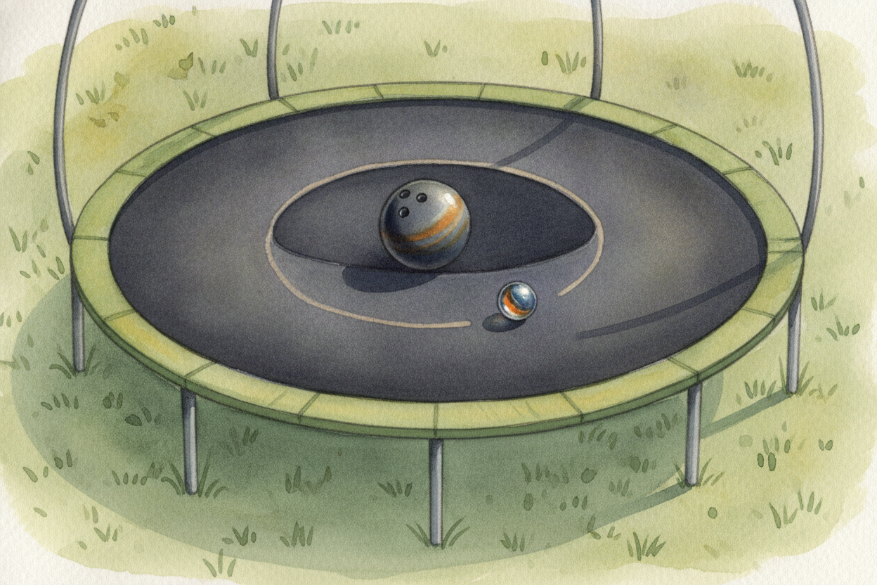 To understand them, ~~start with something gentler:~~ a trampoline. Put a heavy ball in the middle, and **the surface di