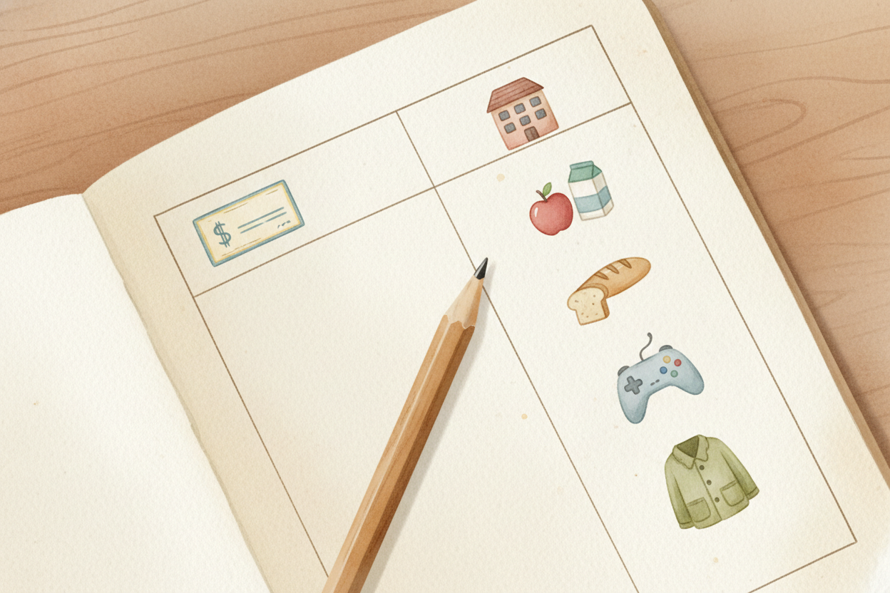 Making a budget is **wonderfully simple**. First, write down your income — what comes in. Then list your expenses: *need