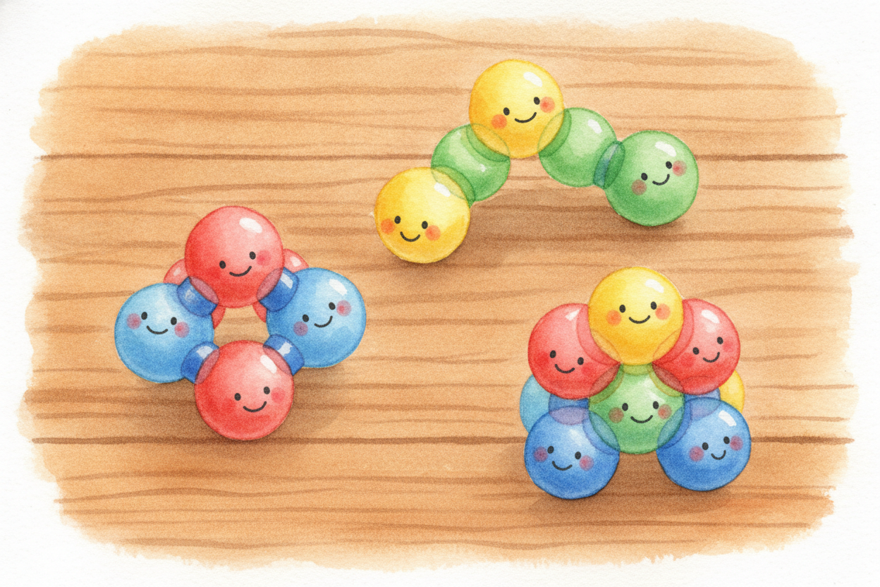 Everything around you is built from **tiny building blocks** called atoms. Atoms clump together into little groups calle