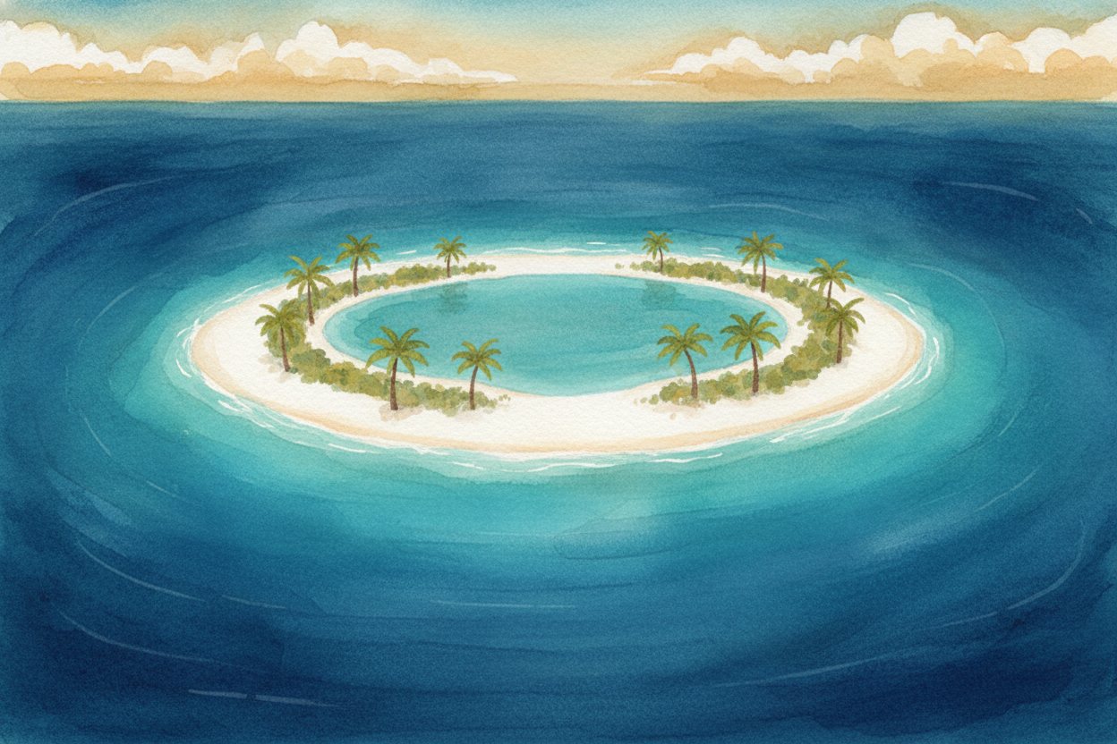 ~~Picture~~ a tiny island in the middle of the ocean — not a normal island with hills and trees growing from rock, but a