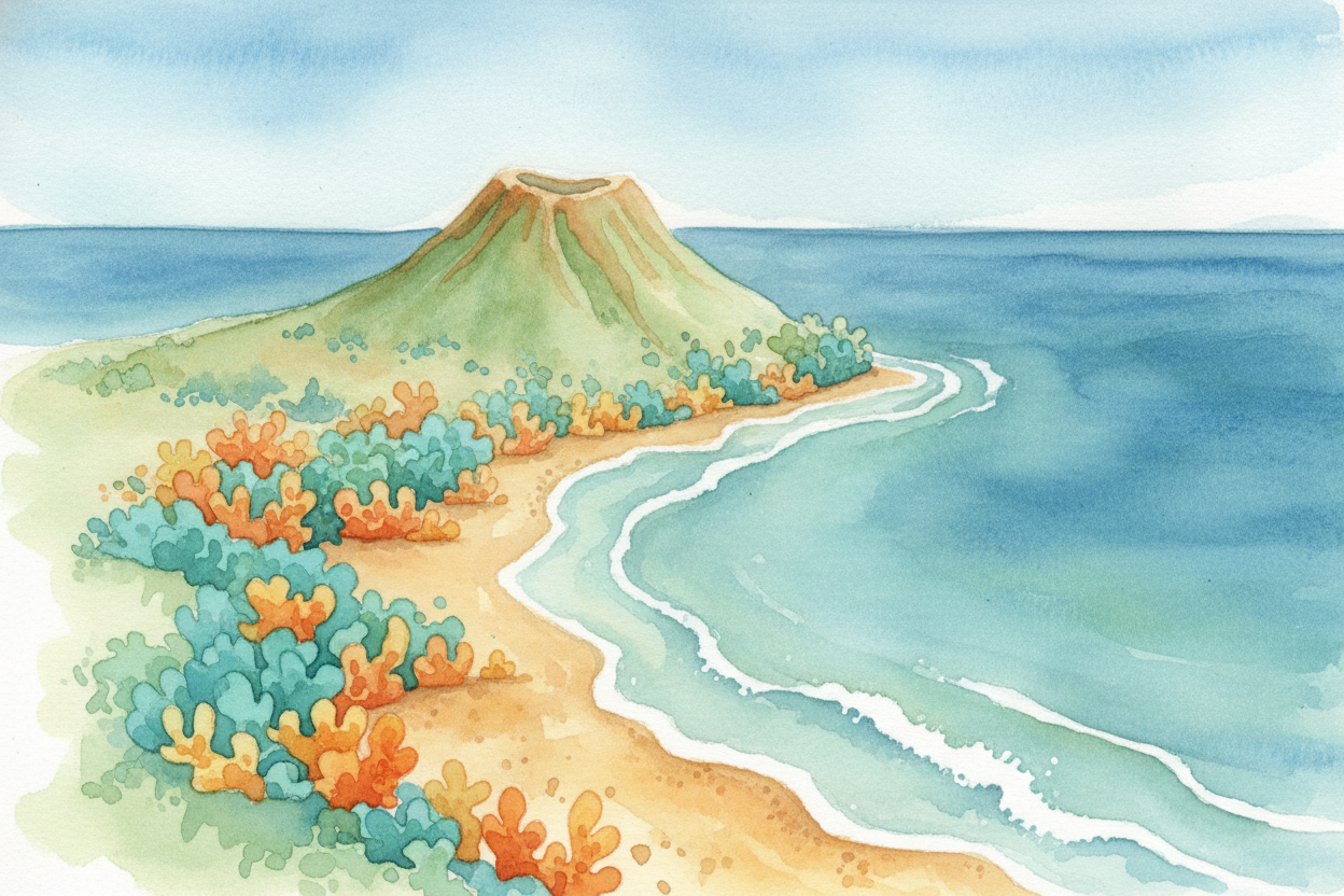 ~~Then something strange happened.~~ The volcano went quiet. **No more eruptions** to build it higher. Instead, the seaf