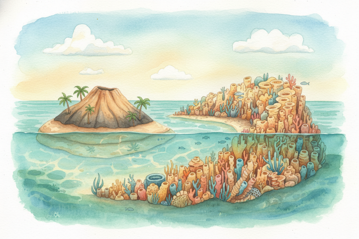 ~~But the coral didn't sink.~~ As the island dropped, the polyps kept building upward, *always chasing the sunny shallow