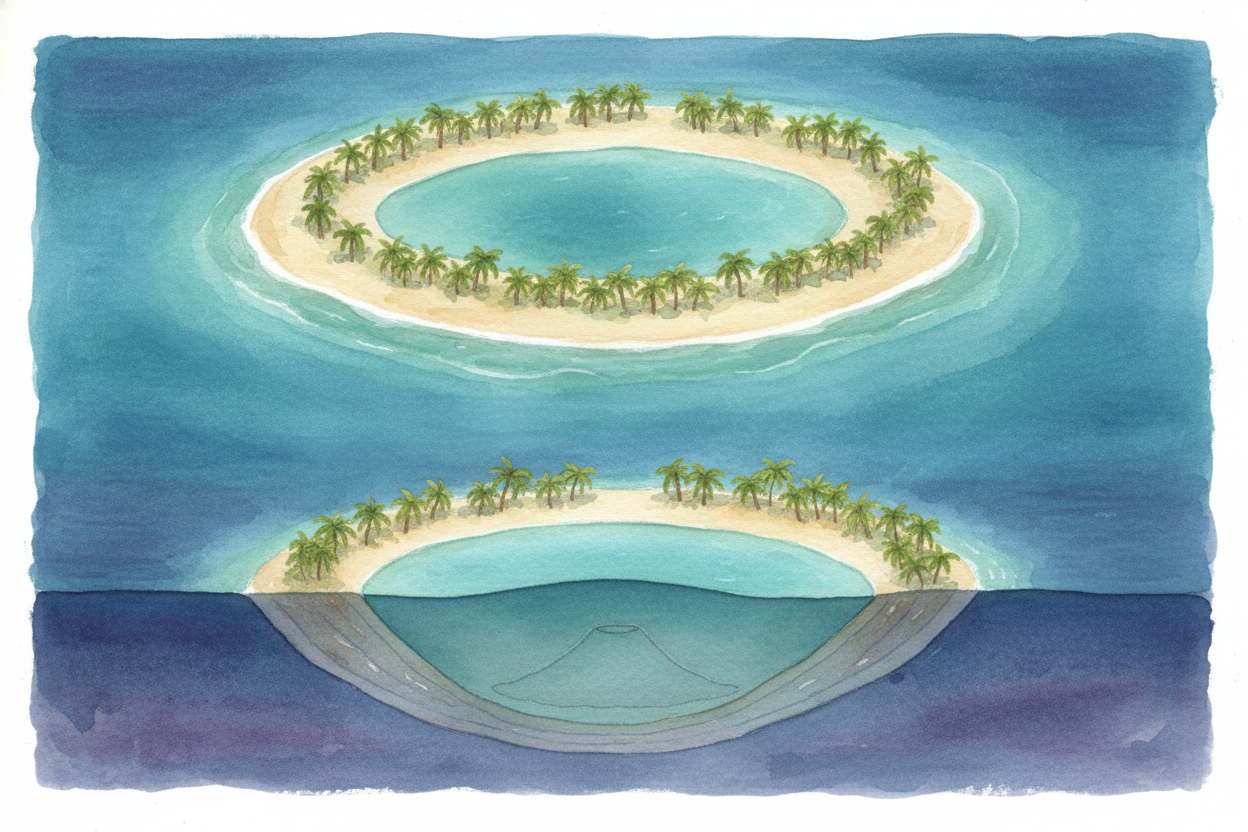 Finally, after **millions of years**, the volcano sank completely beneath the waves. ~~But the reef remained~~ — *a ring