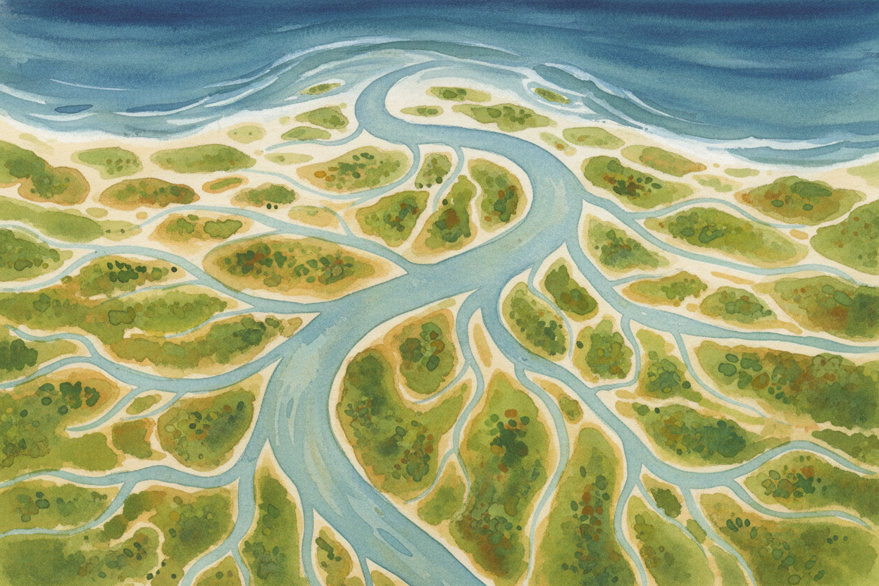 You're standing where a mighty river finally reaches the ocean. ~~But instead of one clean meeting point~~, the river su