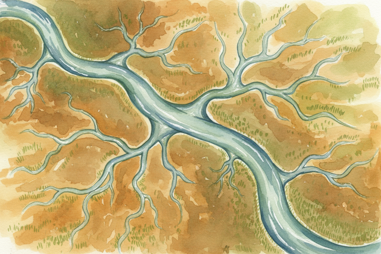 Each time the river hits one of these new sandbars, it divides. ~~One channel becomes two. Two become four.~~ Four becom