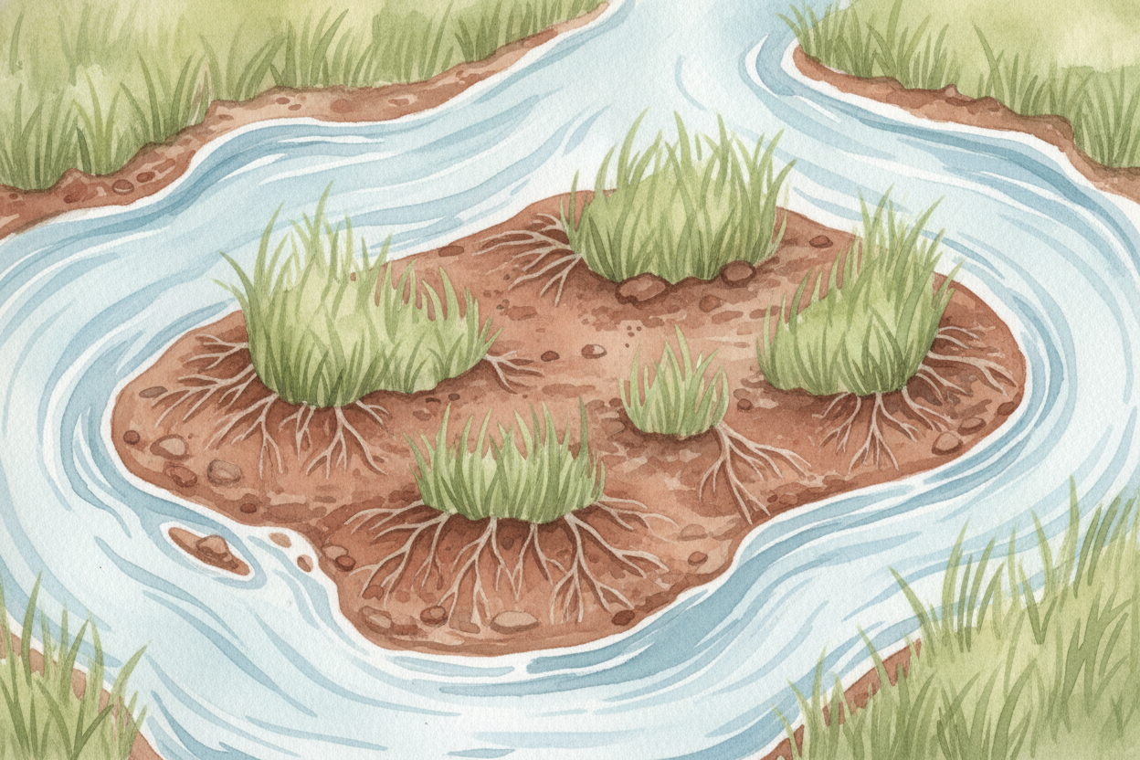 The land between the channels is **brand new** — built entirely from river mud. At first it's *just a mudflat at low tid